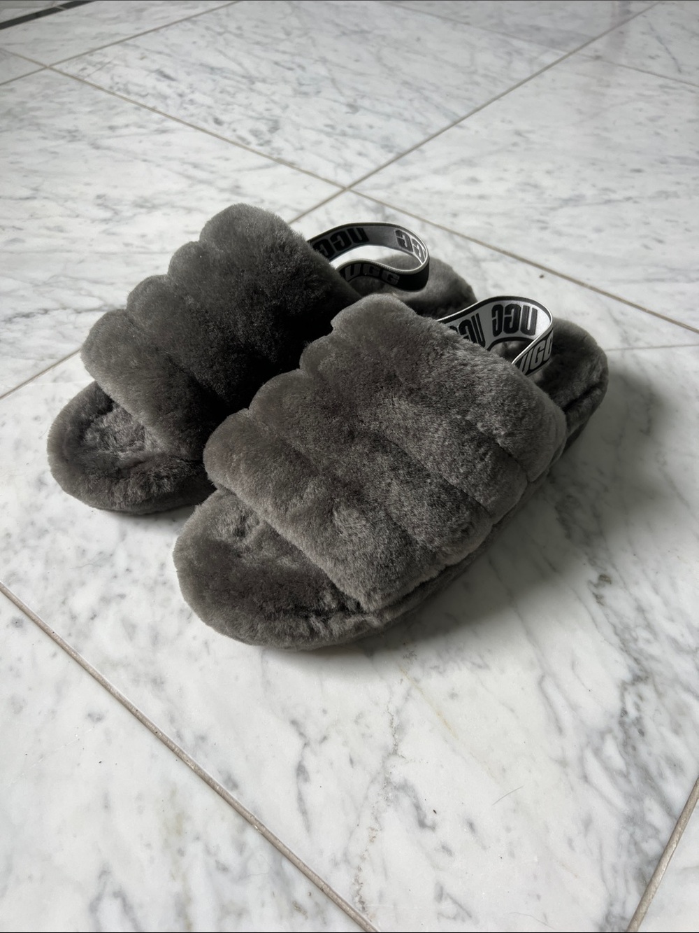 UGG Fluff Yeah Slide Sandals in Charcoal Gray